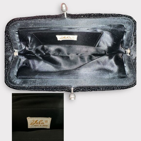 VTG Gala Japan Formal Clutch Black Beaded Floral Silver Kiss Lock Handbag 1960s - Picture 5 of 5